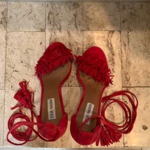 Red suede Steve Madden heels with tassel ties 8.5